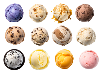ice cream scoop ball on transparent background cutout, top view. PNG file. Many assorted different flavour