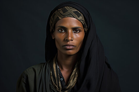 Portrait of a Hijra community leader, a man in formal women's attire, authoritative and graceful