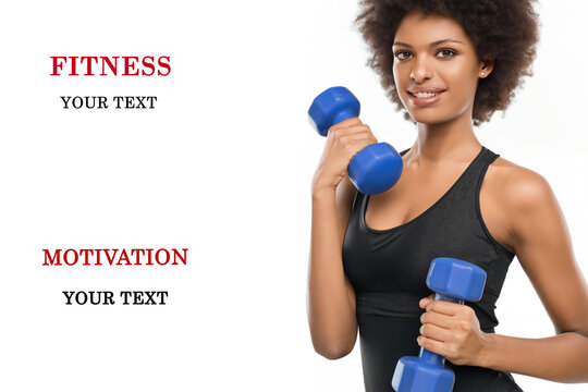 girl with dumbbells. Afro athletic girl stands with dumbbells in her hands, next to the inscriptions fitness motivation