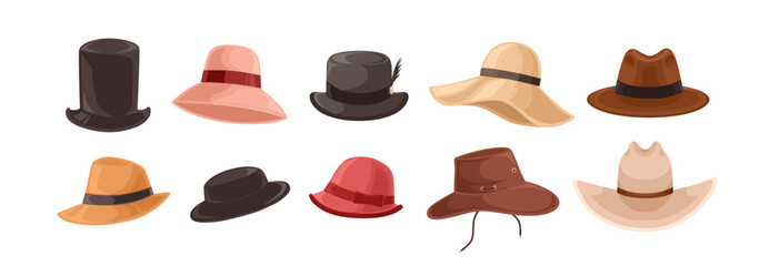 Hats set. Head accessories, wearing in classic, old, farmer, straw, cowboy styles. Male and female headwear collection of different type. Flat vector illustrations isolated on white background