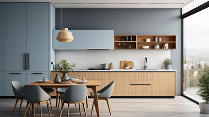 A modern and minimalistic kitchen with bluish gray walls