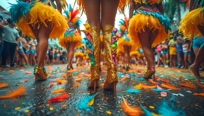 Keuken spatwand met foto Bottom view of the feet of people celebrating the carnival, a festival taking place on the city center in the warm season. Feathers, serpentine, sparkles, flowers. Mardi Gras © MarijaBazarova