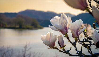 The first flowers of magnolia in early spring with copy space - obrazy, fototapety, plakaty