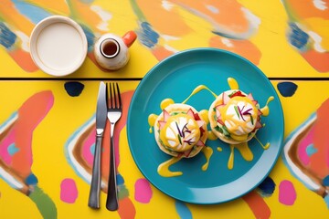 eggs benedict on a colorful plate with a cup of coffee beside it