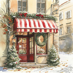 Fototapeta na wymiar Vintage Christmas illustration. Nice European street. 