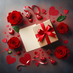 Love Ensemble: Top View Valentines Day Background with Gift Box, Red Roses, and Empty Note.