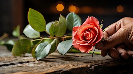   two hands holding a red rose on table,Valentines Day, Propose day,  Valentines Day date. 
