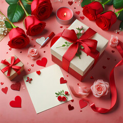 Valentine's Elegance: Top View with Gift Box, Red Roses, and Empty Note on Holiday Background.