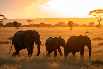 Fototapeta na wymiar African Elephants Walking in the Savannah at Sunset