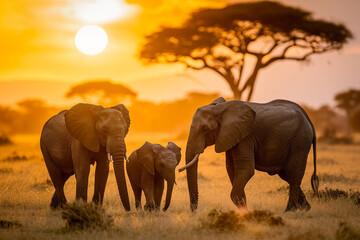 African Elephants Walking in the Savannah at Sunset