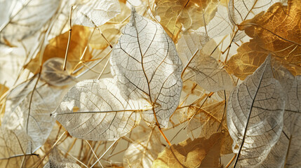 Texture of yellow, transparent leaves on a light background
