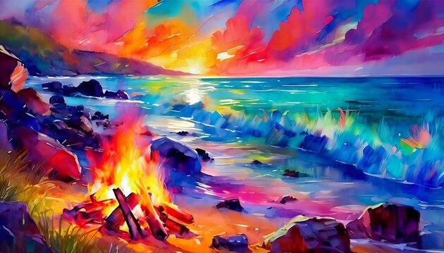 abstract watercolor painting.a dreamy and vibrant digital artwork illustrating a coastal bonfire scene at twilight, with the skies painted in rich, expressive colors and the bonfire casting a warm, in