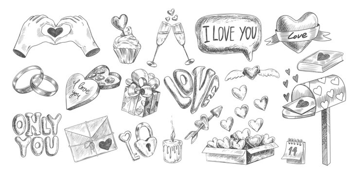 Set of Valentines day design elements. Sketch style hearts, love letter, wedding rings, champagne glasses, lettering, gift box, chocolates, arrow. Heart hands. Hand drawn collection isolated on white