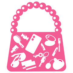 Women's bag with the things she needs: lipstick, smartphone, credit cards, keys, powder, mascara, perfume, sunglasses, hair brush. Vector illustration. Icons.