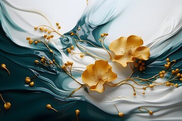 Blue and white liquid background with golden flowers.