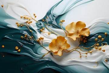 Abstract liquid background, blue and white liquid with golden flowers
