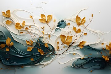 Invitation abstract card background with golden leaves and liquid paint splash.