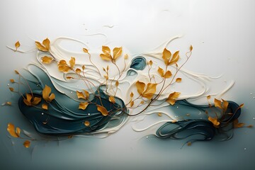 Abstract watercolor background with gold leaves, swirls and splashes