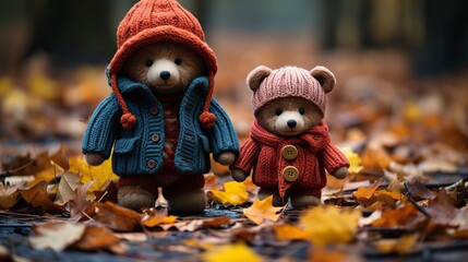   two stuffed bears sitting on the walkway to autumn leaves,Valentines Day, Propose day,  Valentines Day date. 