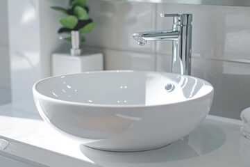 Stylish round white ceramic sink and chrome faucet on a white vanity.