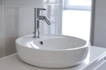 Stylish round white ceramic sink and chrome faucet on a white vanity.