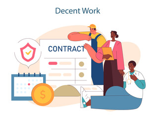 Decent work. Promoting fair employment terms and job security. Celebrating diverse workforce and ethical labor practices. Flat vector illustration