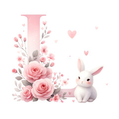 Watercolor Pink Alphabet with white rabbit and roses