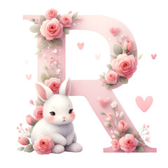 Watercolor Pink Alphabet with white rabbit and roses