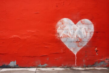 White heart graffiti painted on a red old brick wall on the street. Valentines Day postcards concept