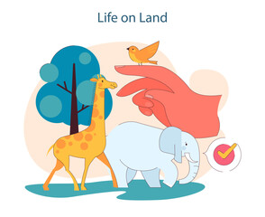 Life on Land. Fostering terrestrial ecosystems and wildlife preservation. A commitment to biodiversity and natural harmony. Flat vector illustration