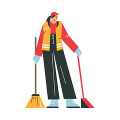 Woman janitor with broom and scoop, cleaning staff female in uniform with equipment, vector Street cleaning service