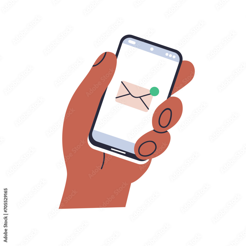 Poster Email app on mobile phone screen in hand. E-mail application on smartphone. Inbox letter notification, new online message, envelope, newsletter. Flat vector illustration isolated on white background