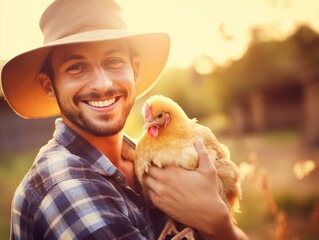 farmer man, chicken and portrait outdoor in field, healthy animal or sustainable care for livestock at agro job. Poultry entrepreneur, smile and bird in nature, countryside or agriculture
