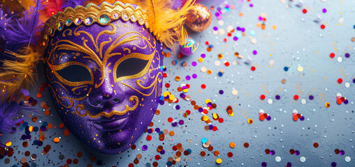 Elegant Carnival mask violet color with glitters, serpantines with feathers on the white table. Top view. Copy space. Festival, theatre concept. Festive banner