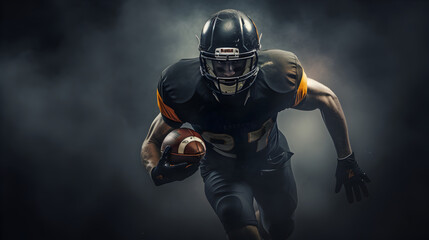 American football player runs holding ball in hand, black foggy background