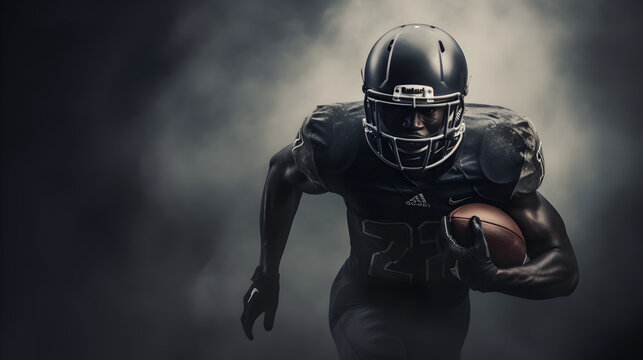 American football player running with ball in hand, black foggy background