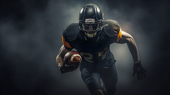 American football player runs holding ball in hand, black foggy background - Powered by Adobe