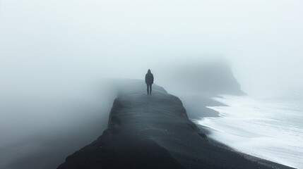 Inspirational photo background of a person standing alone on a calm foggy and misty lake creating a dreamy, ethereal atmosphere. Generative AI
