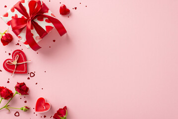 Delight in magic of giving with Valentine's Day ensemble. Top view reveals gift box, red roses, and...