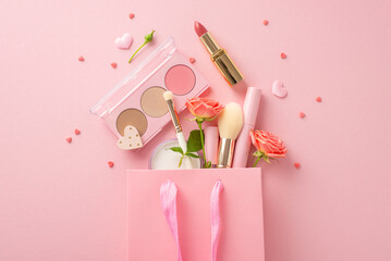 Romantic Valentine's Day shopping. Top view of gift bag brimming with surprises like lipstick, cosmetic brushes, eyeshadow, sprinkles, and roses on soft pink backdrop. Adaptable for love-themed promo - Powered by Adobe