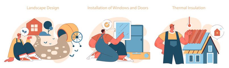 Construction work set. Specialists in landscape design, window installation, and thermal insulation highlight industry versatility. Flat vector illustration