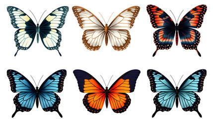 Six butterflies set on white isolated background