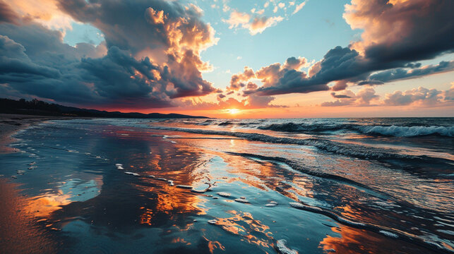 Colored clouds and sea, reflection of light from clouds onto the sea, colored clouds