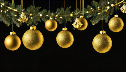 Fototapeta na wymiar Christmas dark background with balls, garlands, decorations and copyspace