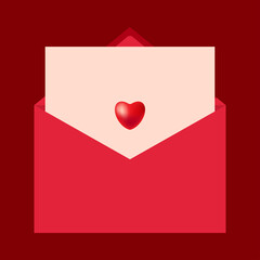 Valentines day love letter with heart in envelope on red background. 