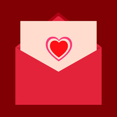 Valentines day love letter with heart in envelope on red background. 