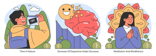Dopamine fasting concept. Embracing digital breaks, understanding brain chemistry, and cultivating mindfulness. Promotes personal growth through nature and meditation. Flat vector illustration.