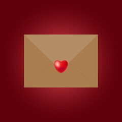 Valentine's love letter envelope with red heart on red background. 