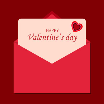 Valentines day love letter with heart in envelope on red background. 