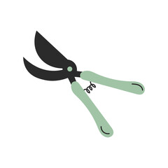 Garden pruner vector illustration. Secateurs with green handles for gardening. Working tool, equipment for plants. Flat design on white background